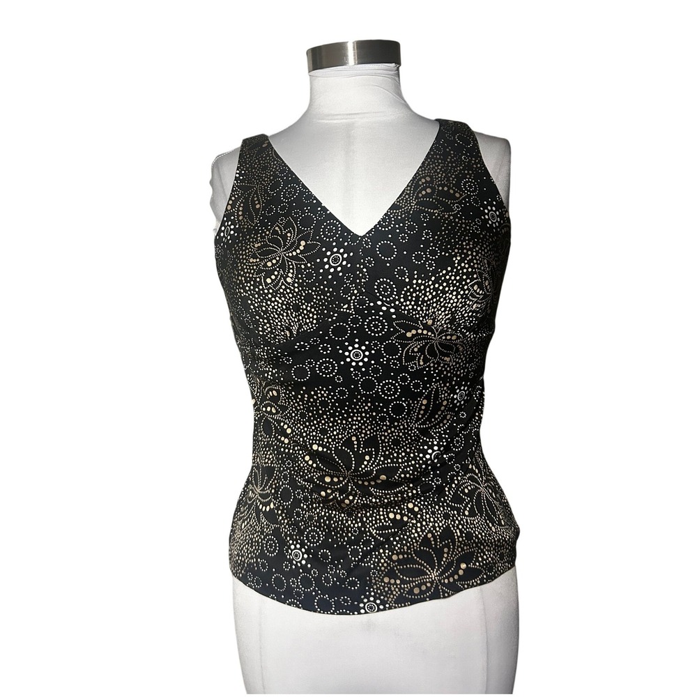 Y2K Talbots Pure Silk Tank Top 4P Black Gold Floral Dot Print Sleeveless Blouse
